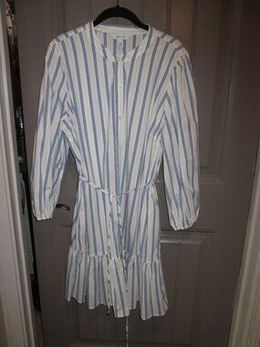 Nine West Size XL LS Blue/White Strip Button Down Shirt Dress w/Banded Collar